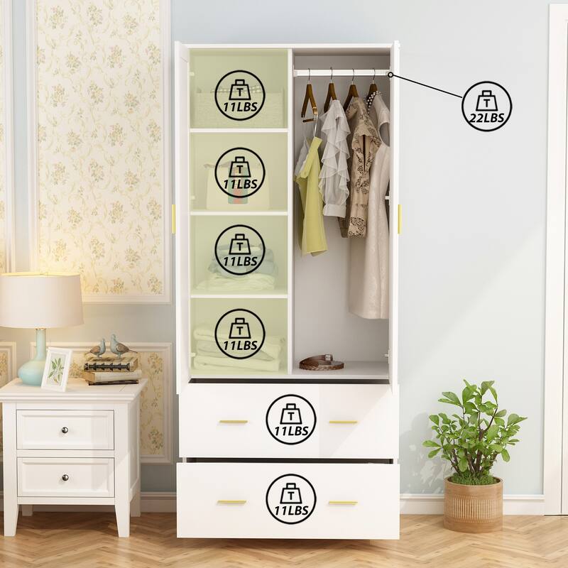 31.5"W x 72"H Two Door Wardrobe With Mirror White/Dark Brown Armoires - 31.5"W x 72"H