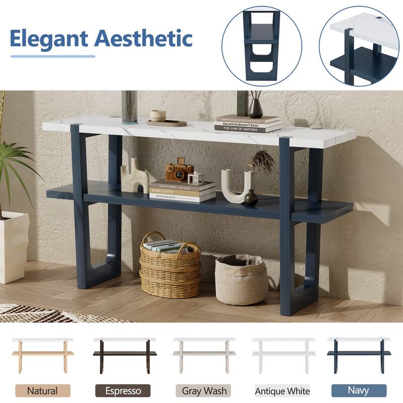 Wooden Narrow Console Table with Marble Effect Top, 54" Retro Rectangular Entryway Sofa Table with Open Shelf
