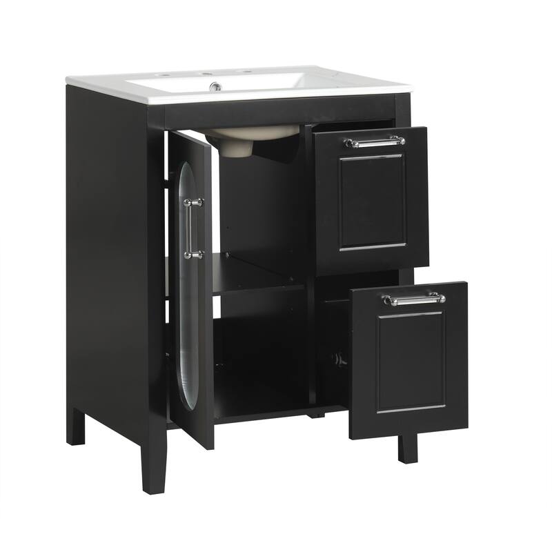 24" Black Bathroom Vanity with Sink - Solid Wood & MDF, Moru Glass Door, 2 Drawers, Adjustable Shelf