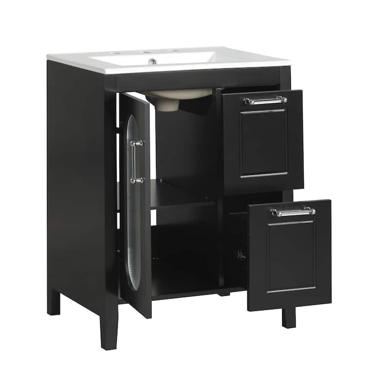 GDFStudio - Emma 24-Inch Bathroom Vanity with Ceramic Sink, Moru Glass Door and Adjustable Storage