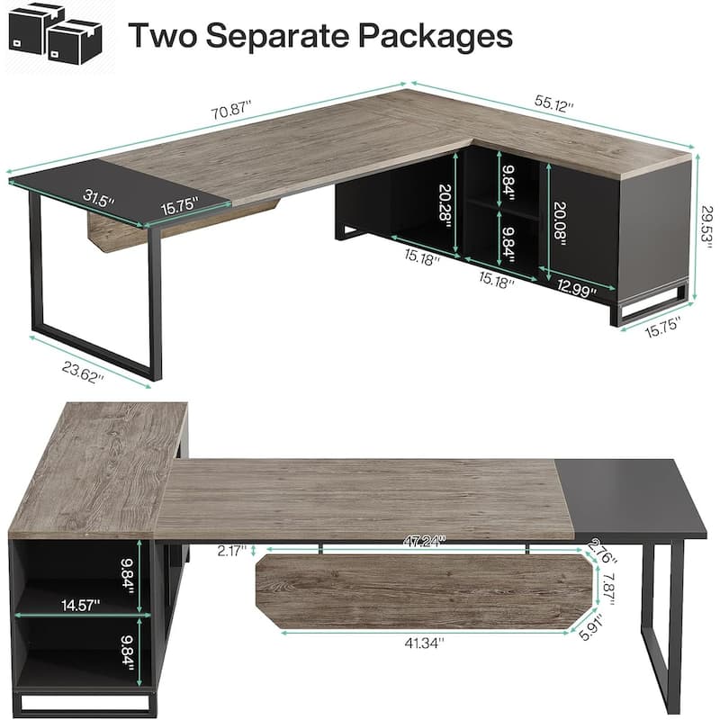 70" L-Shaped Executive Desk with 55" File Cabinet, Large Industrial with Storage, Retro Gray & Black