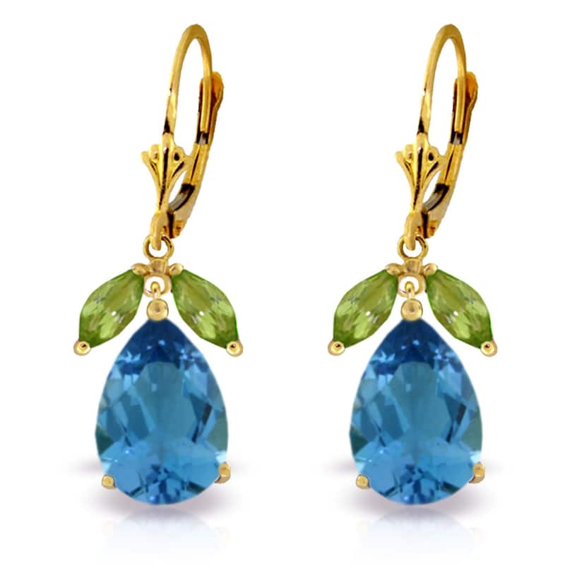 13 Carat 14K Solid Gold Belle Blue Topaz Peridot Gemstone Earrings - Yellow
