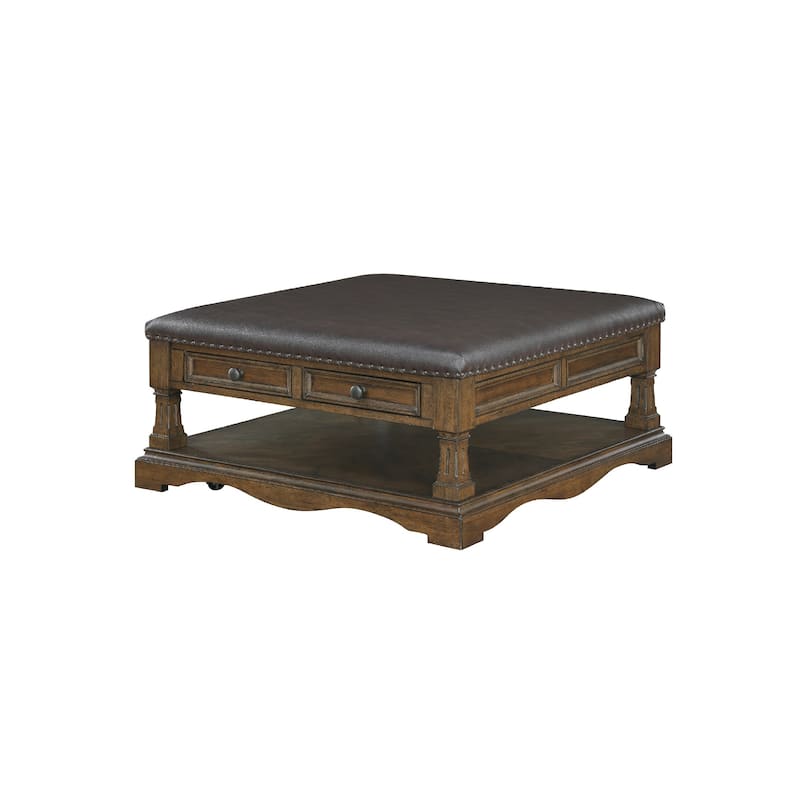 Rox Coffee Table, 39 Inch Brown Faux Leather Top, 4 Drawers and Shelf