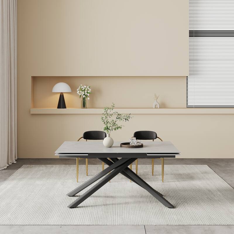 9 - Piece 102.36'' Extendable Rectangular Sintered Stone Dining Table with 8 Fabric Chairs Dining Set