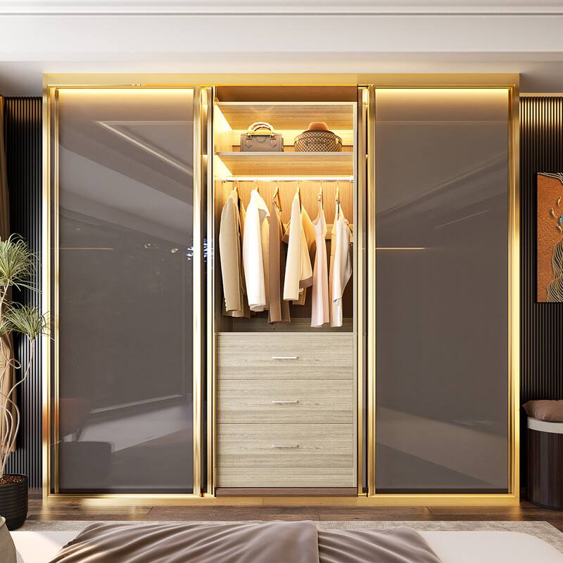 Kyrvo Freestanding Closet Sytem with 3 Wooden Drawers and Hanging Rod and Storage Shelf, Walk-in Closet Organizer Wardrobe - White Oak - Set of 1