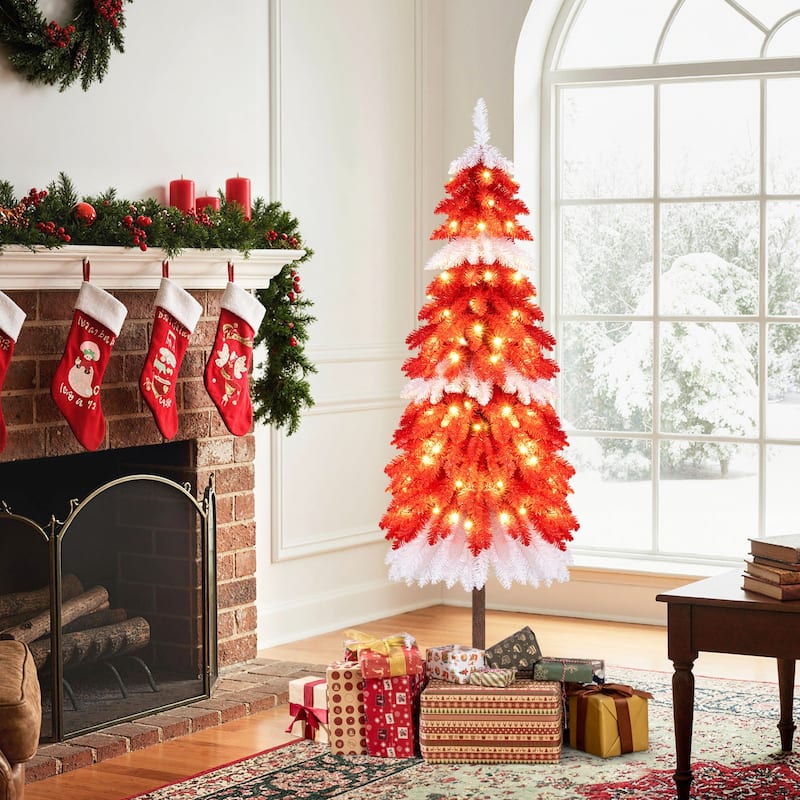 Gymax 5 FT Artificial Christmas Tree Pre-lit Xmas Trees w/ 301 Red &