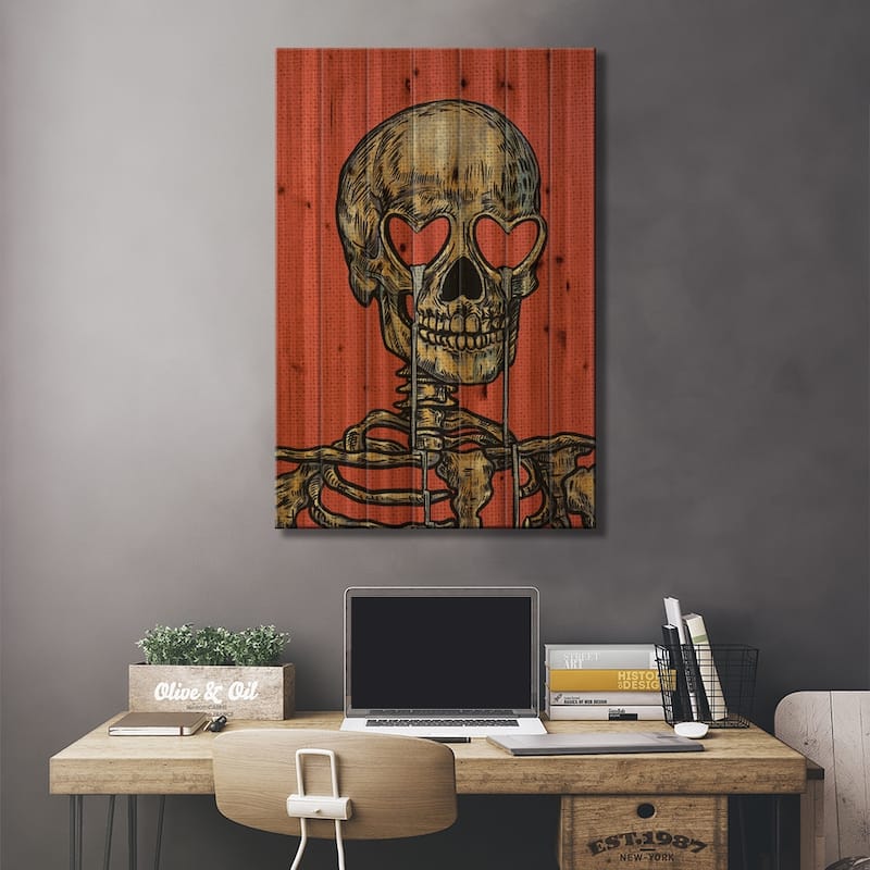 Skull With Heart Eyes Print On Wood by Illunatica - Multi-Color