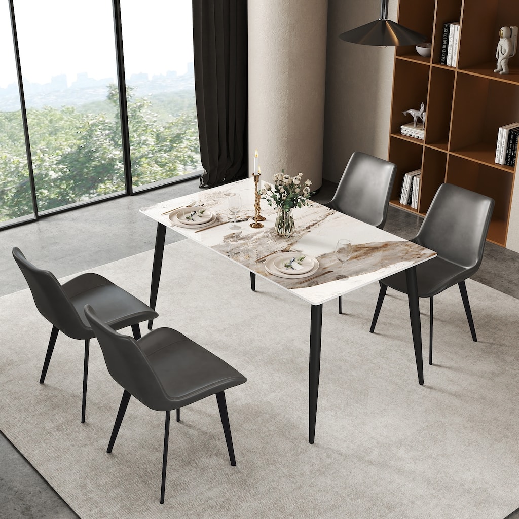 Modern White Marble Dining Table, 55" Rectangular Sintered Stone Kitchen Table for 4 People with Black Metal Legs