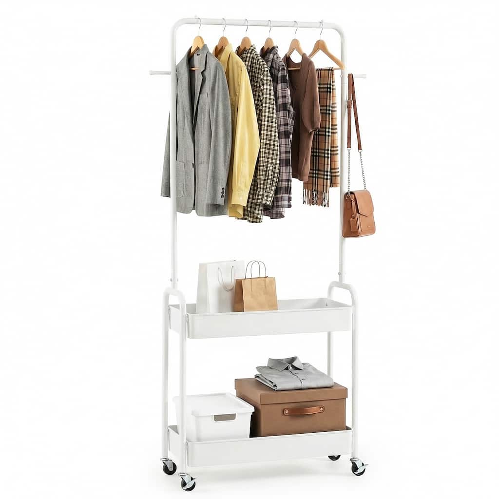 Gymax Rolling Clothes Rack w/Hanging Rod Side Hooks Storage Baskets