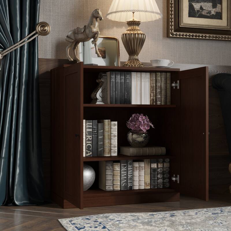 Palace Imports Premium 100% Solid European Oak Hardwood 3-Shelf Modular Bookcase with Shaker Doors - 32" Wide, 35.75" Tall