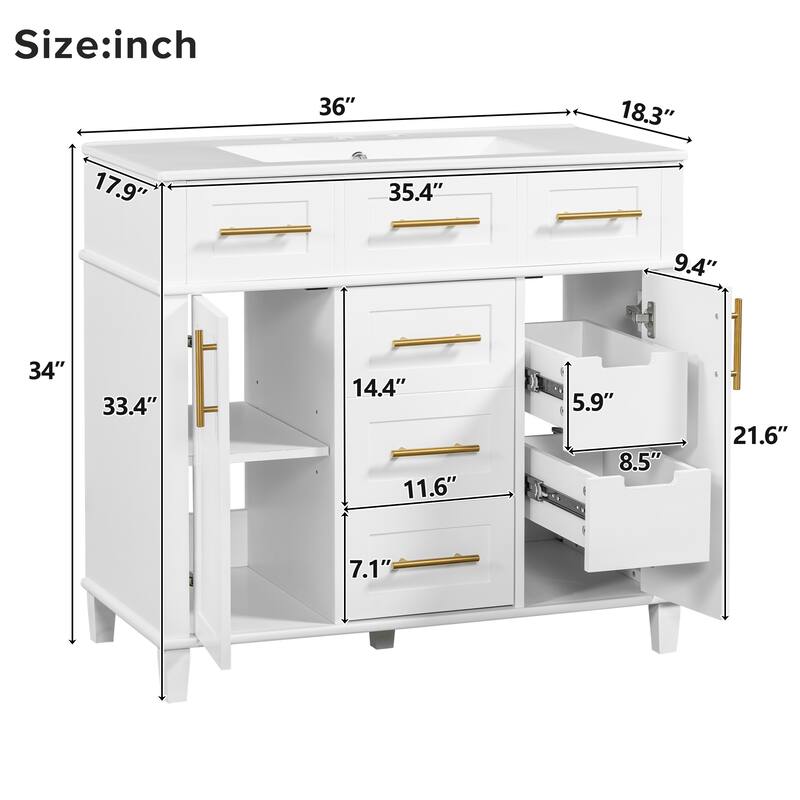 36" White Bathroom Vanity Cabinet With Versatile Storage - 4 Soft Close Drawers 1 Adjustable Shelf, 2 Soft Close Doors