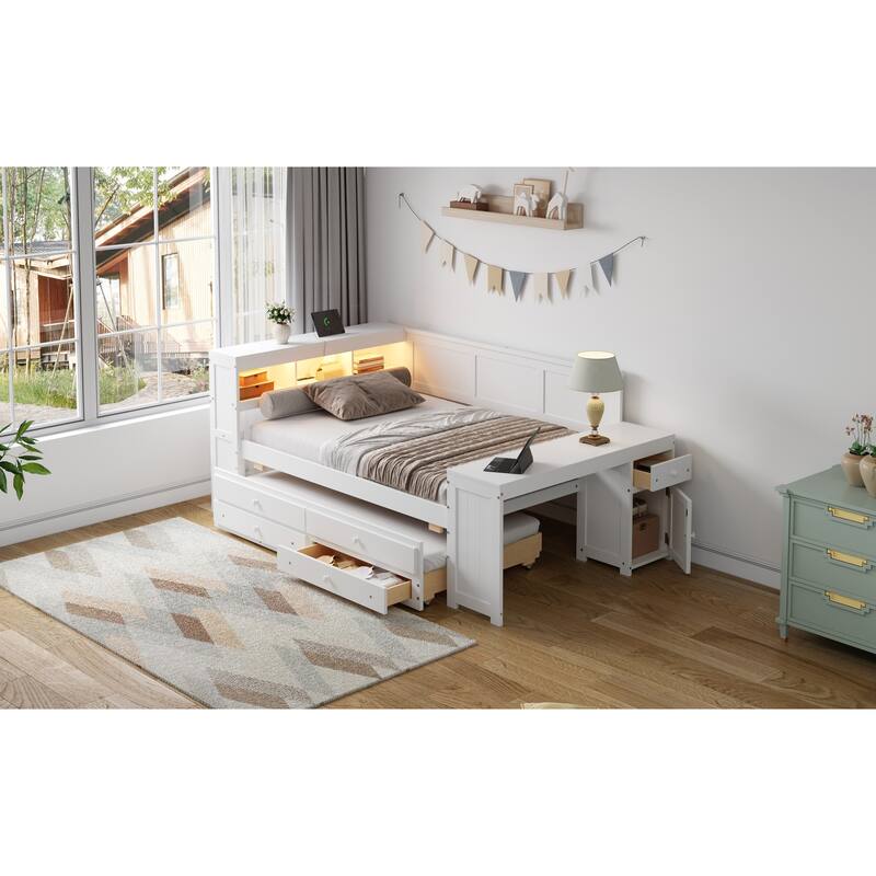 Roomfitters Full Daybed with Trundle, Storage Shelves and Charging Station