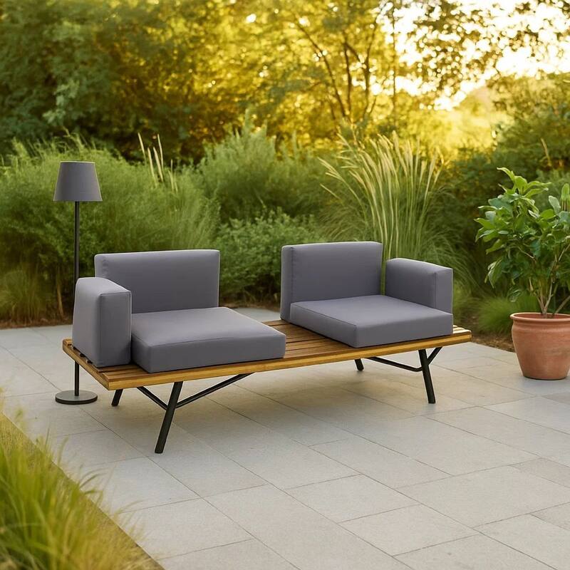 Outdoor 2 Seater Sofa, Attached Center Slatted Table, Black Iron Legs
