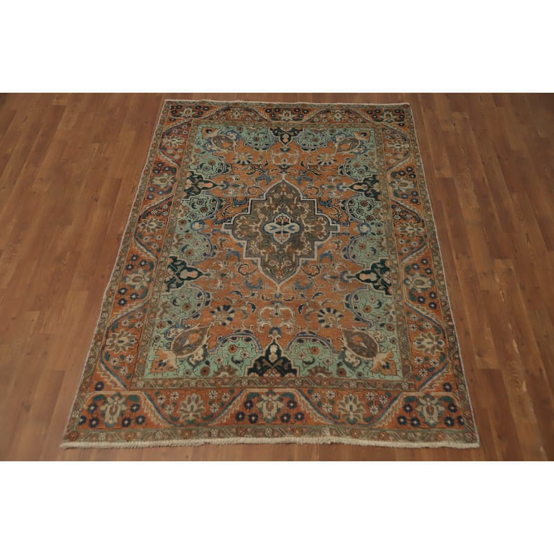 Hand Knotted Oriental 100% Wool Carpet Traditional Floral Oranges & Rust Tabriz Area Rug - 6' 0'' X 4' 6''