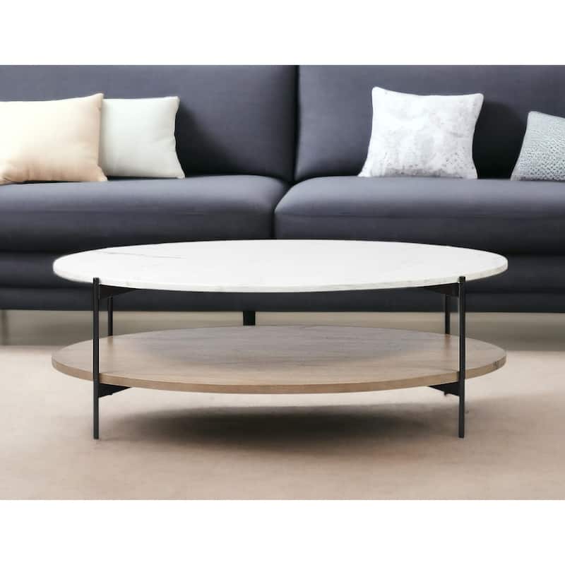 HomeRoots 48" Brown and Black Genuine Marble and Metal Oval Coffee Table With Shelf - 30