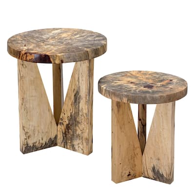 Set of 2 Brown and Beige Distressed Round Nesting Tables 22"