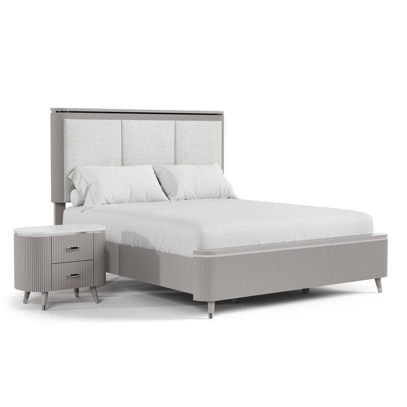 Furniture of America Seraphine Modern 2-Piece Light Grey Solid Wood Panel Bedroom Set with Fluted Headboard