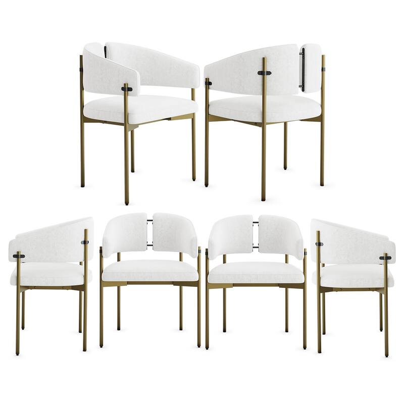 Classic and Luxurious Barrel Dining Chairs with Arms - Set of 6 - Brushed Gold and White
