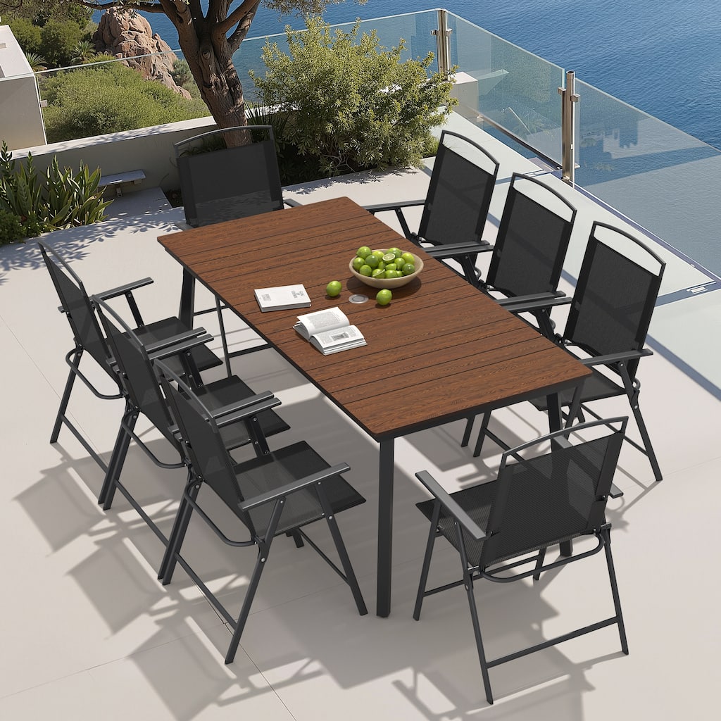9-Piece Outdoor Dining Set Patio Dining Table with Umbrella Hole and Folding Chairs