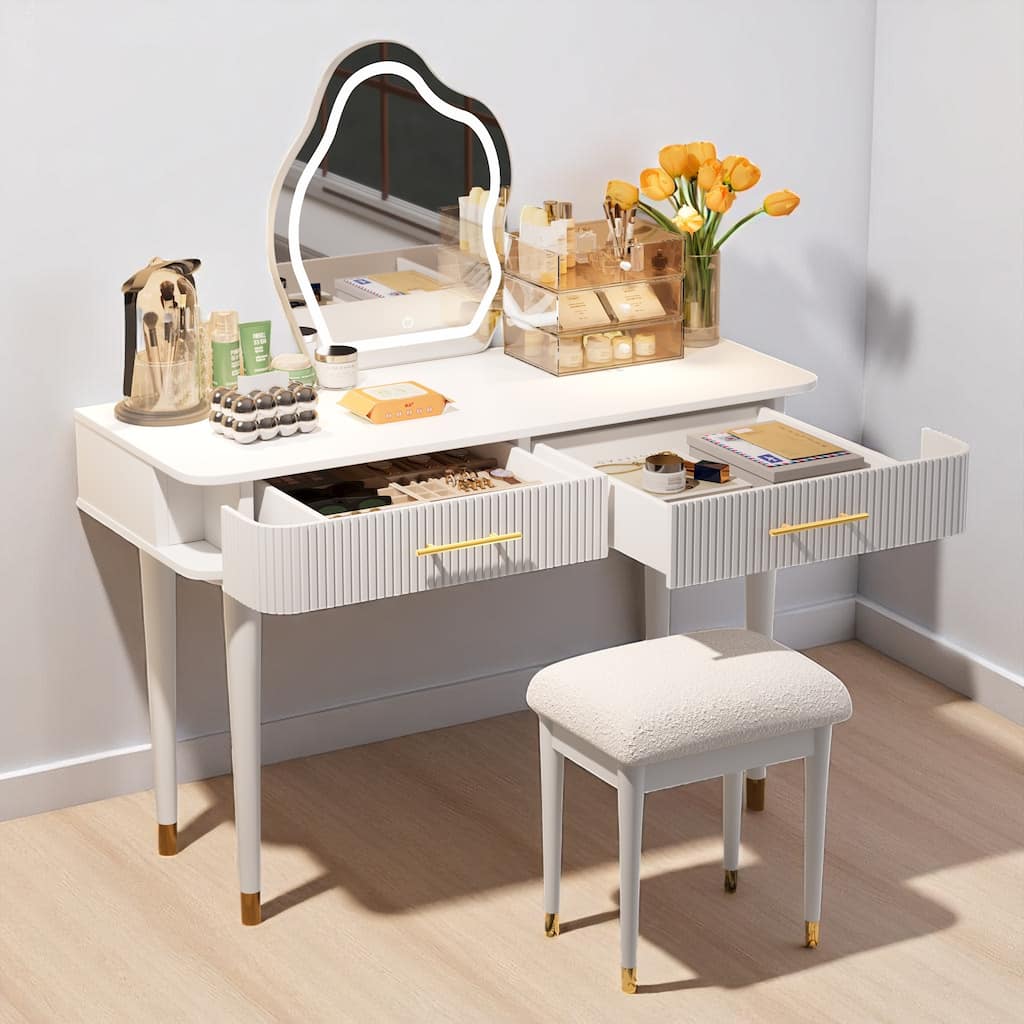 Modern Dressing Table with Lighted Mirror, 2 Drawers, Cushioned Stool & Detachable Vanity Mirror