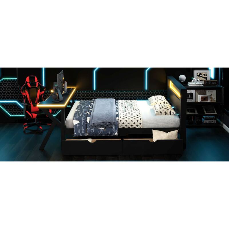Roomfitters Twin/Full Wooden Gaming Platform Bed with LED Headboard, Desk and Drawers, Black
