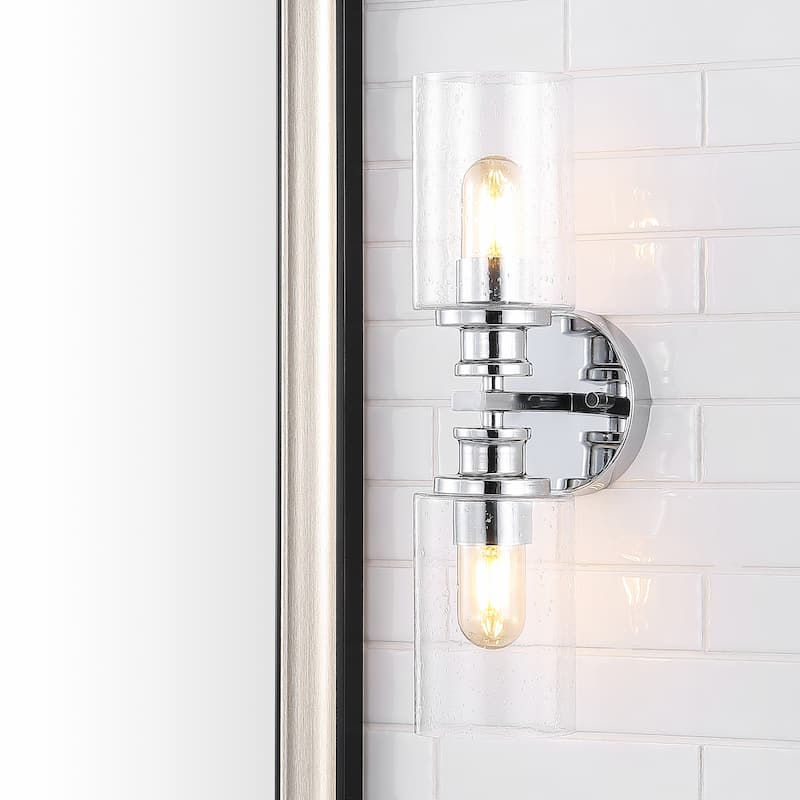 Jules Edison 16.5" Cylinder 2-Light Iron/Seeded Glass Farmhouse Contemporary LED Wall Sconce, Black by JONATHAN Y - One - Chrome