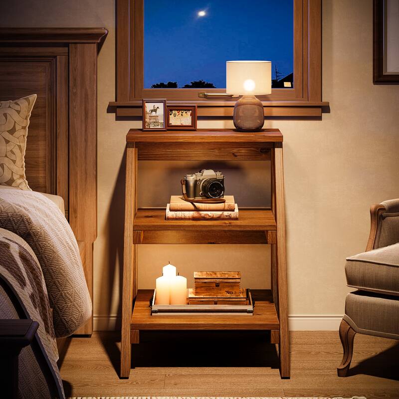 3-Tier Solid Wood End Table with Open Storage Shelves