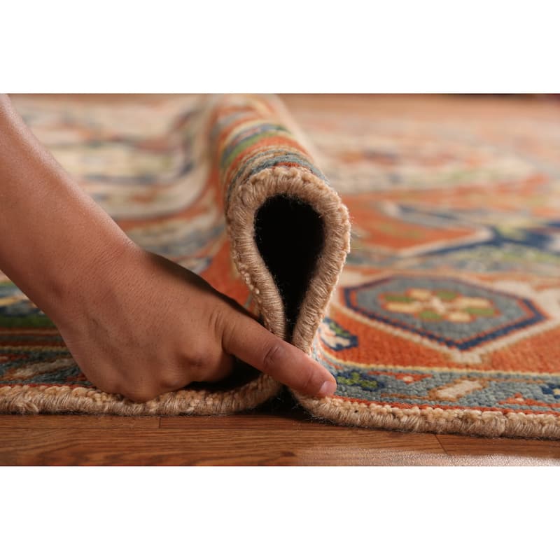 Peach Geometric Heriz Serapi Indian Area Rug Hand-Knotted Wool Carpet - 8'11" x 11'8"