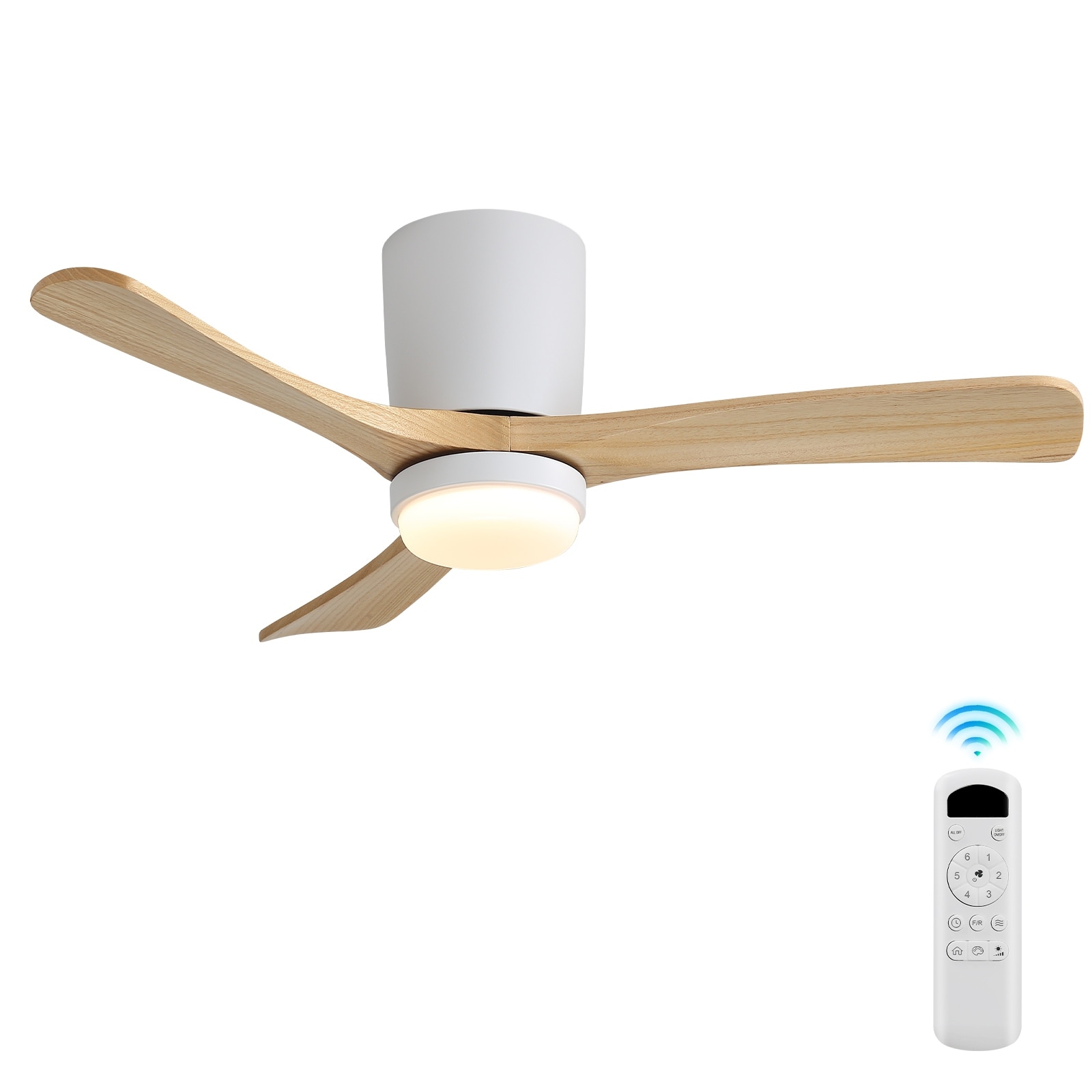Sofucor 42" Low Profile Flush Mount Ceiling Fan with Lights Remote Control,with 3 Solid Wood Blades,Reversible,Dimmable