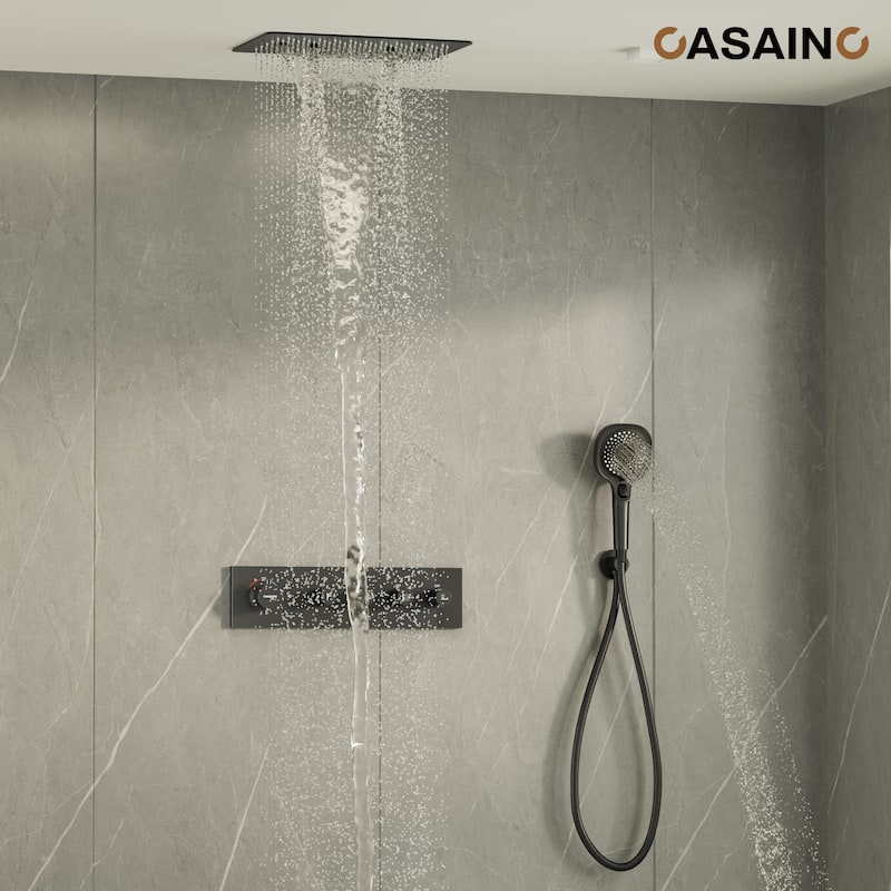 Luxury Thermostatic Shower System 3-Spray Patterns Ceiling Mount Fixed Rain Waterfall Shower Head and Handheld Spray Combo - Matte Black