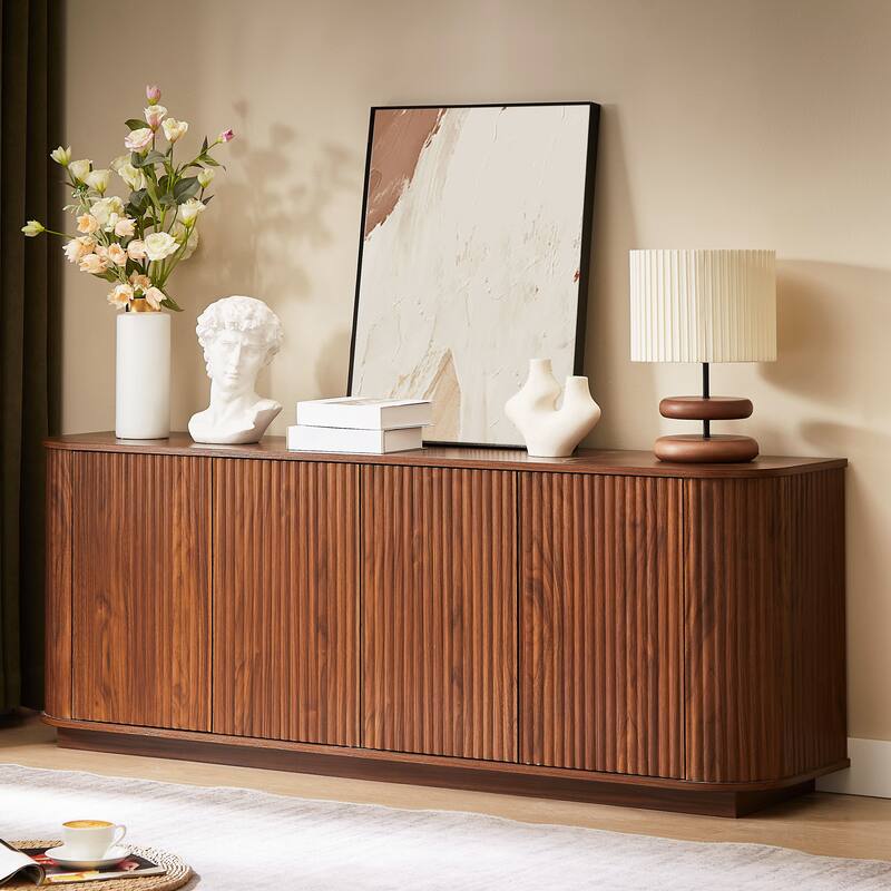Sideboard Storage Cabinet TV Stand with wave pattern Buffet Cabinet Wooden Vertical Striped Cabinet - Walnut