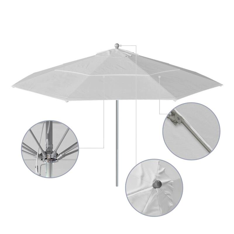 California Umbrella 11' Rd Aluminum Frame, Fiberglass Rib Market Umbrella, Push Open, Anodized Silver Finish, Olefin Fabric