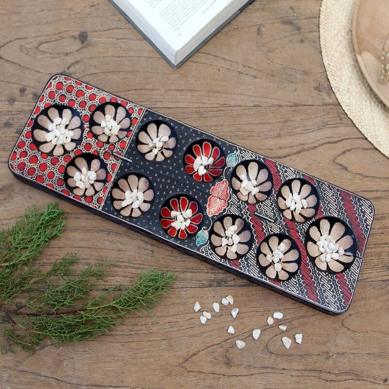 Novica Handmade Fun Parang Blue Wood Batik Mancala Board Game