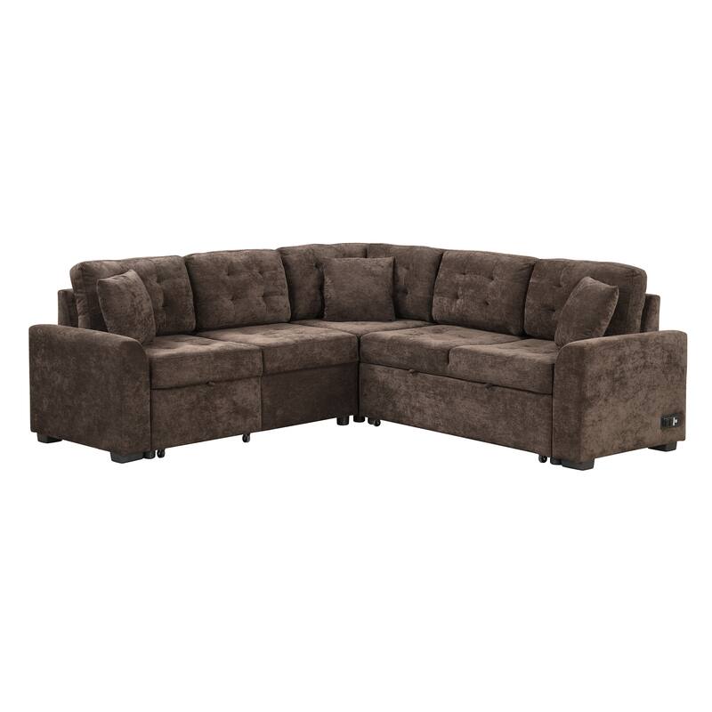 Brown L-Shape Sofa Bed with Pull-Out Sleeper, USB Ports, Power Sockets
