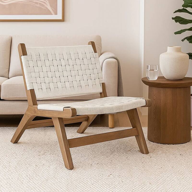 Loe Accent Chair, Boho Natural Rope Woven, Walnut Brown Angled Wood Frame