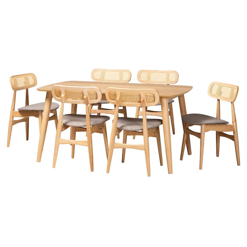 Tarana Mid-Century Modern Fabric and Finished Wood Dining Set - Grey, Natural Oak, Light Brown - 7-Piece