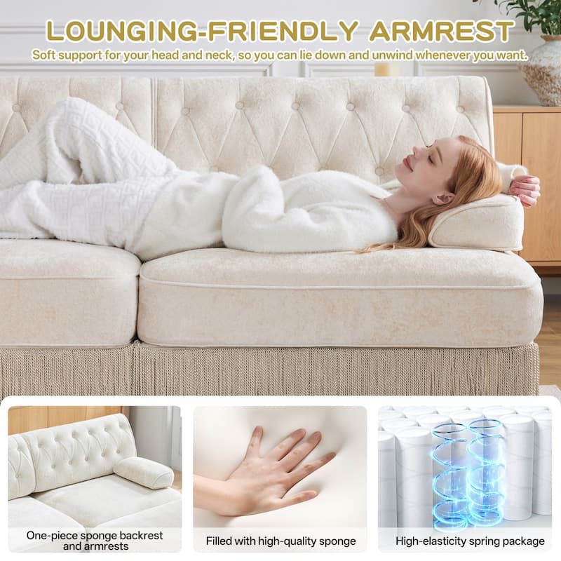 106" Velvet Sectional Sofa with Tassel Skirt Design and Ottoman