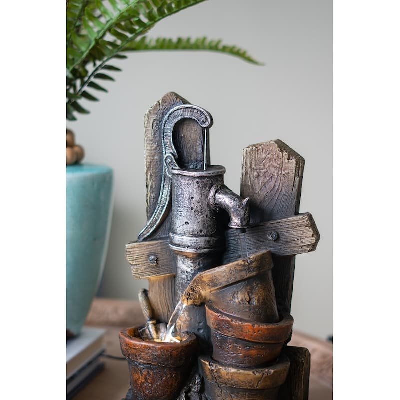 7.7x3.9x13.6" Brown and Gray Water Fountain with Antique Water Pump Design and LED Light