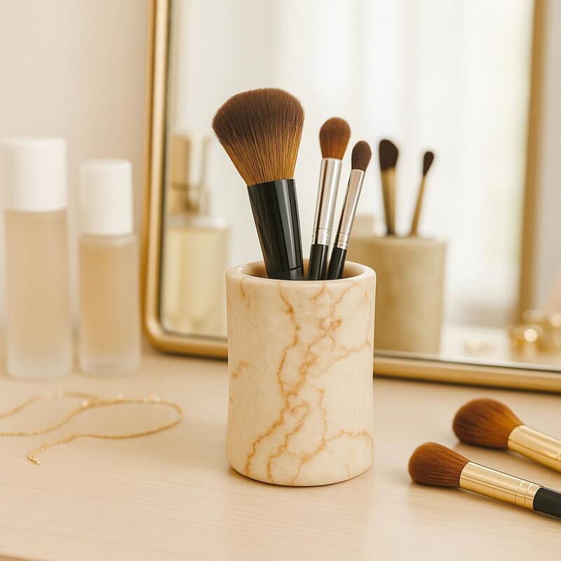 Creative Home Fenway Collection Champagne Marble Tumbler, Toothbrush Holder, Makeup Brush Organizer - Beige