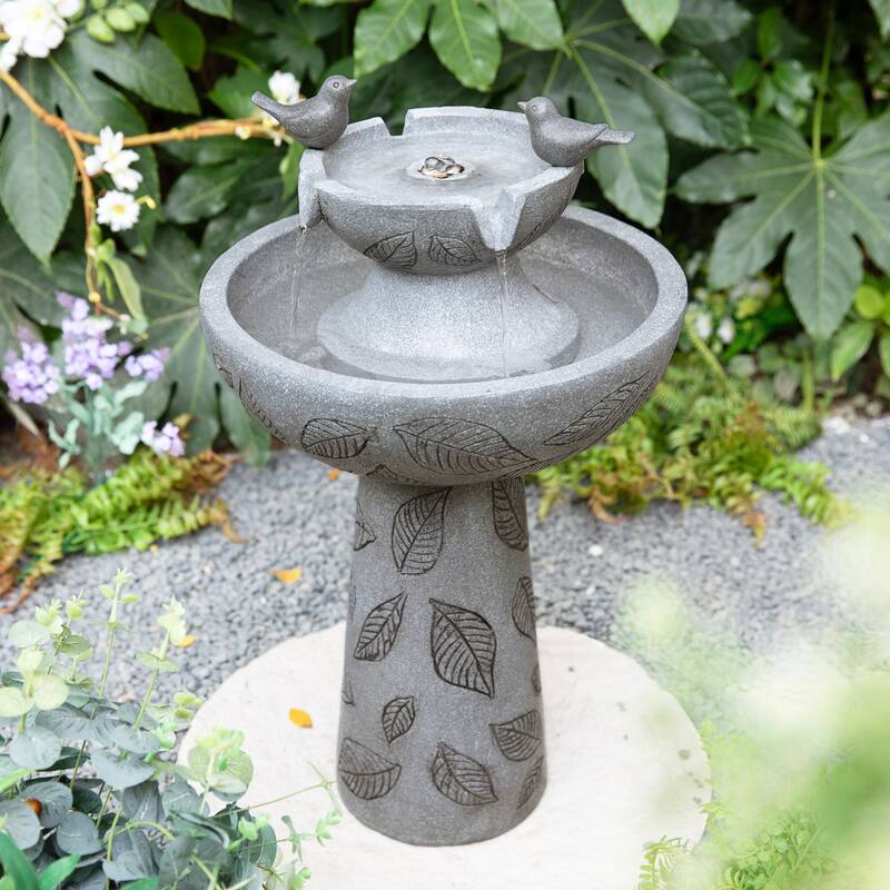 Glitzhome Birdbath Polyresin Outdoor Fountain with Birds, Pump and LED Light