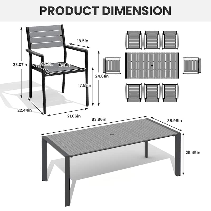7/9/11-Piece Patio Dining Set Outdoor Aluminum Rectangle Dining Table and Stackable Chairs