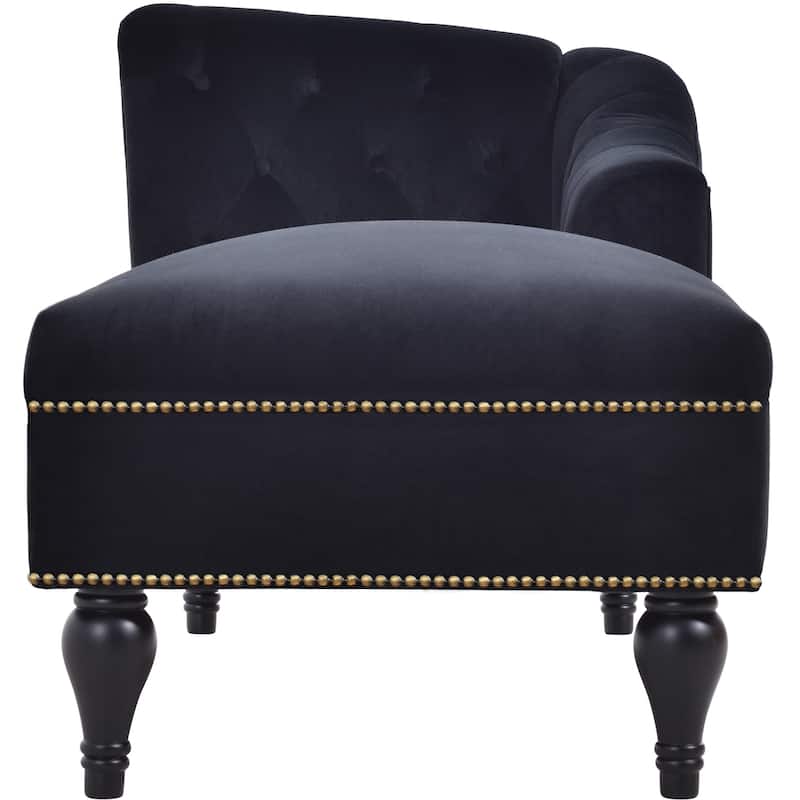 Black 58" Velvet Button Tufted Chaise Lounge Chair with Nailhead Trim and Solid Wood Legs for Living Room