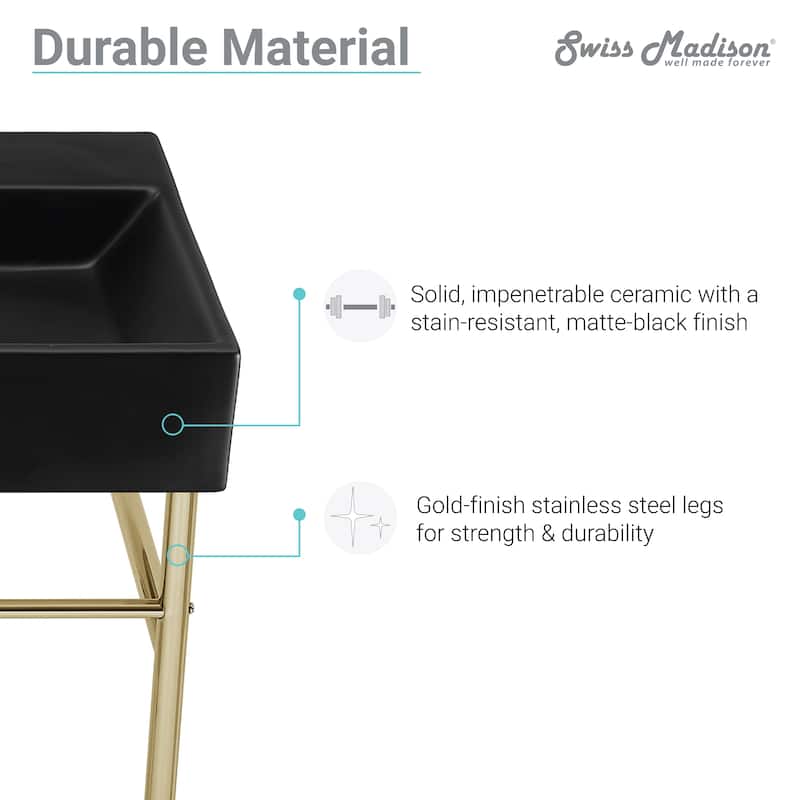 Reims 30 Ceramic Console Sink Matte Black Basin Gold Legs - 29.5" x 16.55" 35.45"