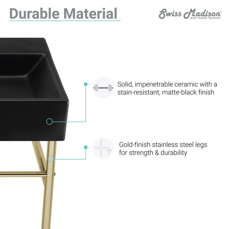 Reims 40 Ceramic Console Sink Matte Black Basin Gold Legs - 16.55" x 39.35" 35.45"