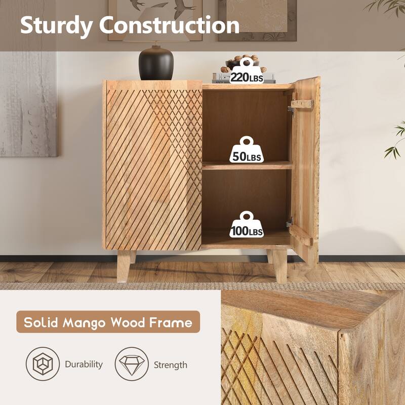 Wood Accent Cabinet with Storage, Rustic Mango Wood Storage Cabinet with Fluted Design and Adjustable Shelf for Dining R