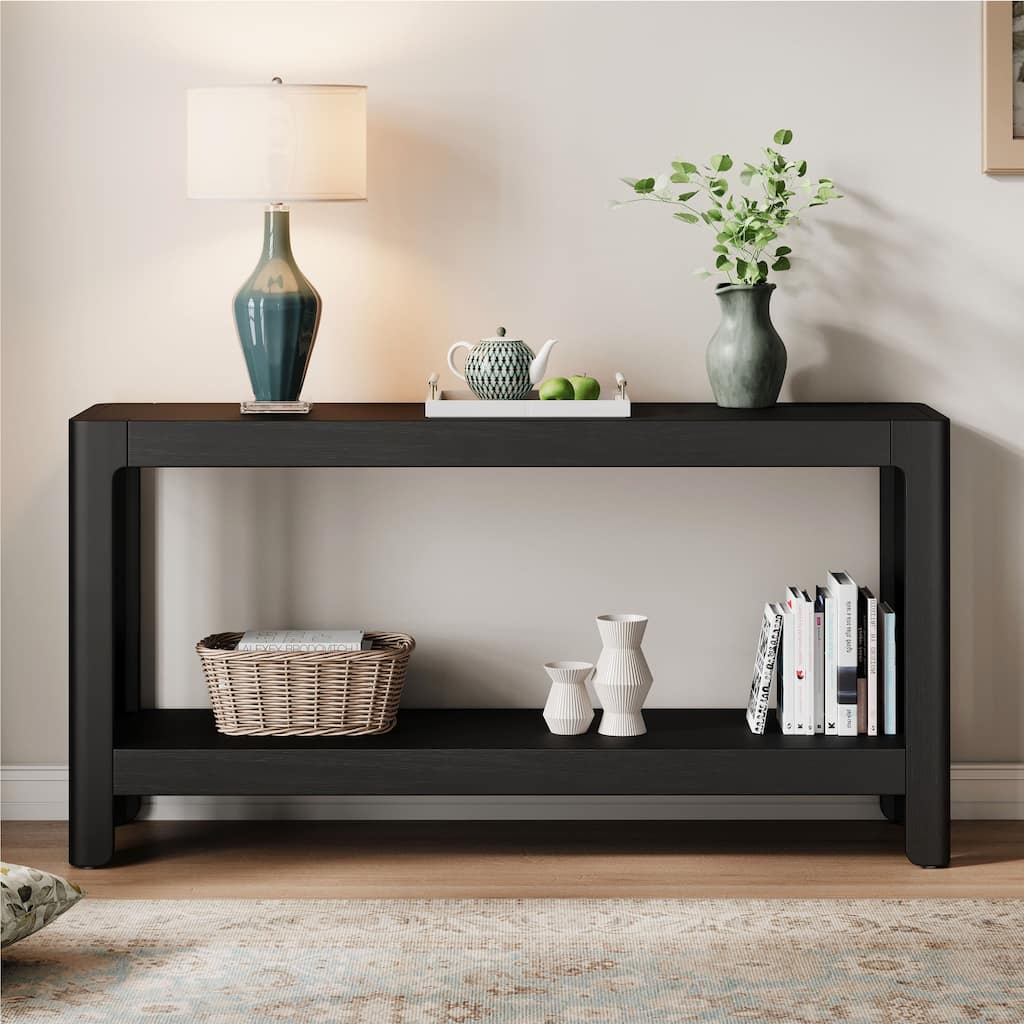 Farmhouse Console Table Side Table with Bottom Shelf, Black Entryway Table Hallway Table for Living Room