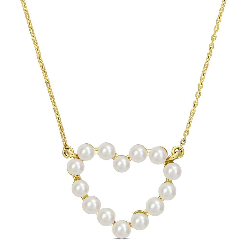 Miadora 2-2.5mm Cultured Freshwater Pearl Heart Pendant With Chain in 14k Yellow Gold - 12.3 mm x 15.1 mm