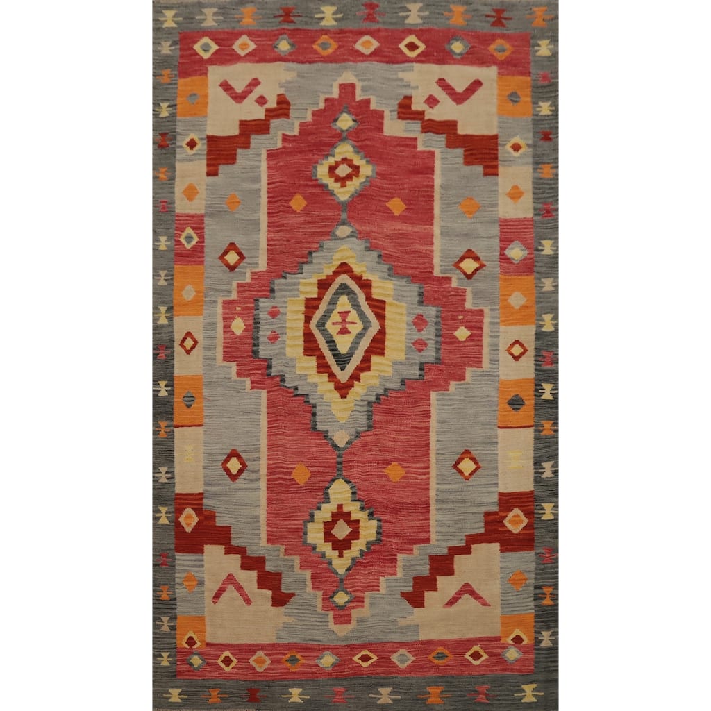 Hand Woven Oriental 100% Wool Carpet Southwestern Tribal Red Kilim Area Rug - 8' 2'' X 5' 1''