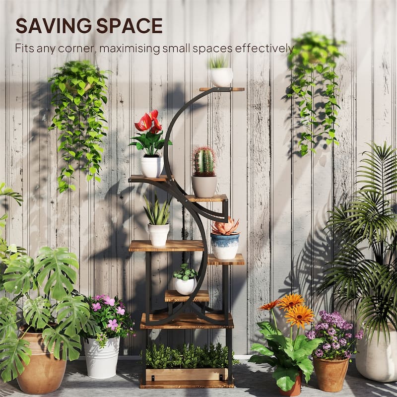 Eight-Tier Corner Plant Stand with S-Shaped Steel Frame and Fir Wood Shelves for Home Decor - 24.4" W x 10.2" D x 61.8" H