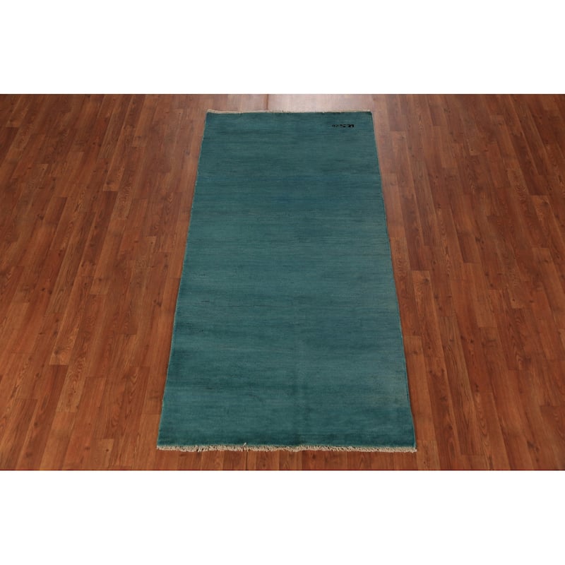 Modern Gabbeh Oriental Foyer Rug Hand-Knotted Blue Wool Carpet - 3'3" x 6'5"